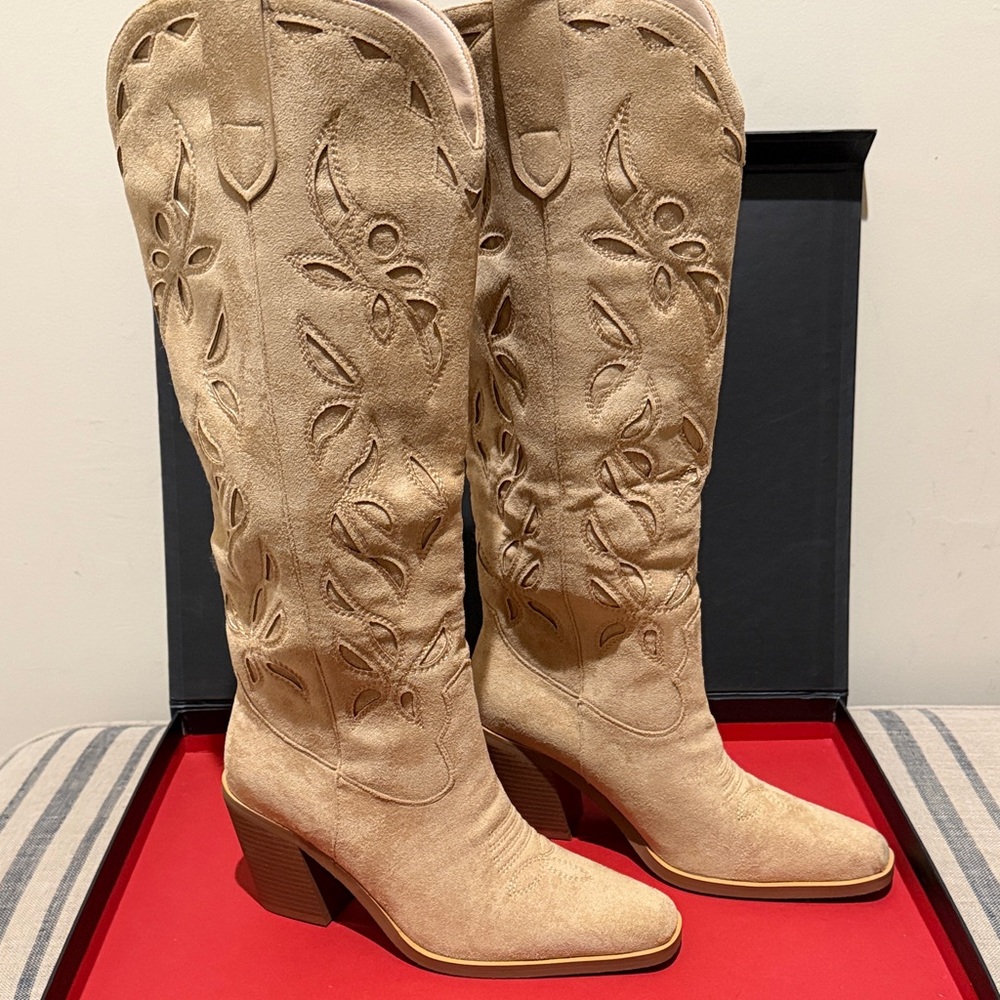Wetkiss Chic Tan Vegan Leather Floral Cutout Heeled Boots